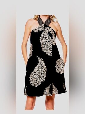 Black Halter Dress with Gold Embroidery - Women's Dress
